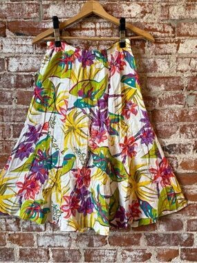 White Floral A-Line Maxi Skirt with Multicolor Tropical Print